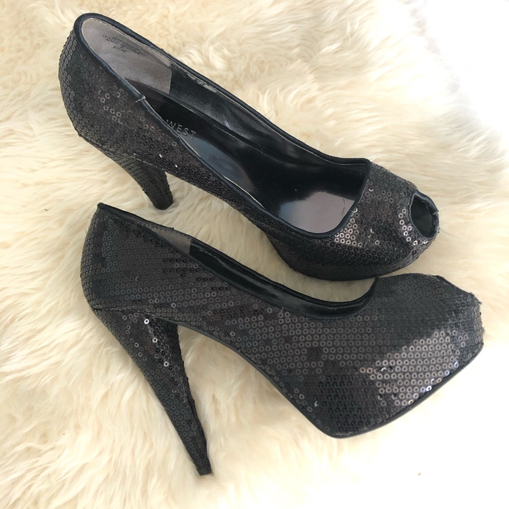 Nine West Black Sequin Open Platform Pumps Heel
